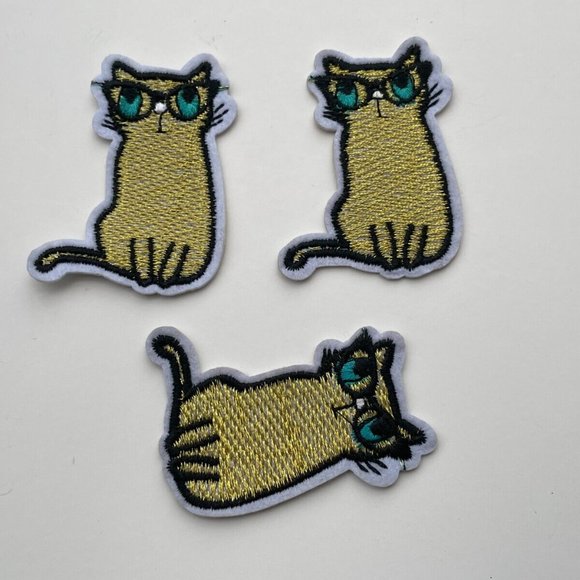 Cat Patches Iron On Embroidery Gold Tone Patches for Clothes Craft Lot of 3 - Picture 2 of 10